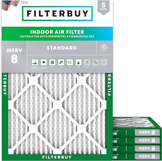 Filterbuy 20x23x1 Air Filter MERV 8 (MPR 700) Dust Defense Replacement (5-Pack), Electrostatic Pleated HVAC AC Furnace Filters, Made in USA (Actual Size: 19.50 x 22.50 x 0.75)