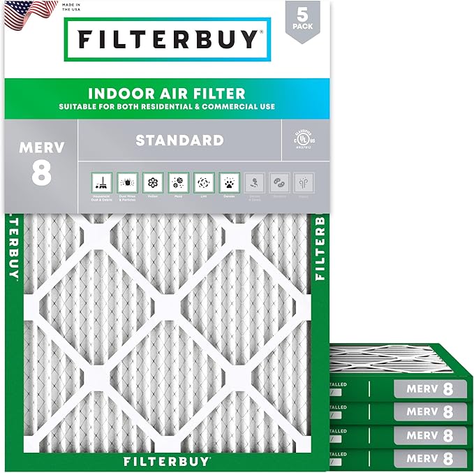 Filterbuy 8x14x1 Air Filter MERV 8 (MPR 700) Dust Defense Replacement (5-Pack), Electrostatic Pleated HVAC AC Furnace Filters, Made in USA (Actual Size: 7.50 x 13.50 x 0.75)