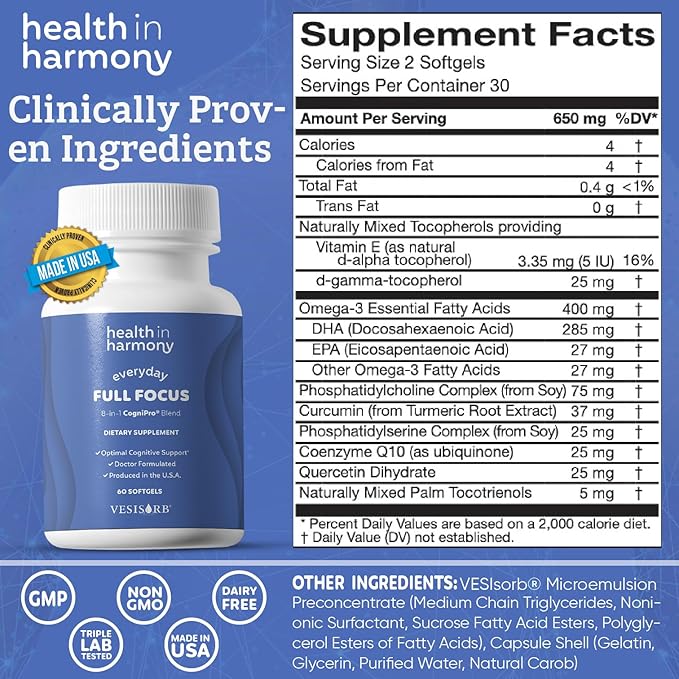 Everyday Full Focus - 8 Super Antioxidants for Cognitive Support (Omega-3 DHA, Phosphatidylcholine & Phosphatidylserine) & utilizes VESIsorb® (60 ct)