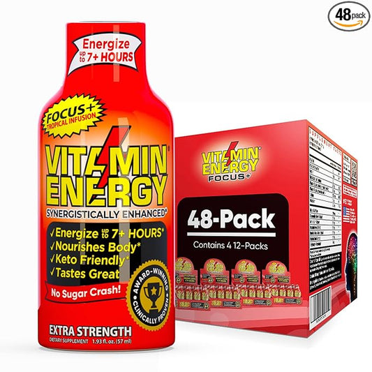 Vitamin Energy Focus+ Extra Strength Daily Energy Shot – Tropical Infusion – 260mg Natural Caffeine, 100% DV B-Vitamins – Focus & Productivity Support – Zero Sugar, Vegan, Kosher – 1.93 fl oz, 48-Pack
