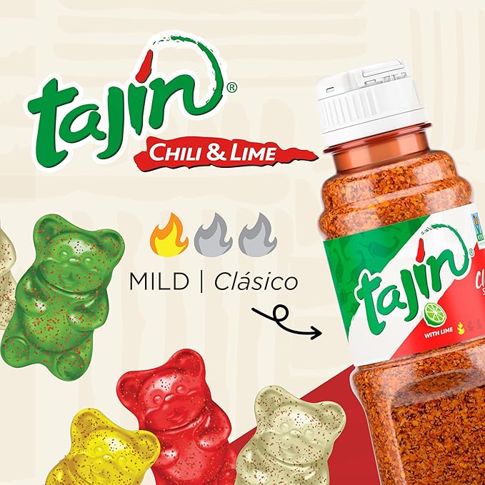 Snak Club Tajin Gummy Bears, Assorted Fruit Candy Gummies with Chili and Lime Seasoning, Mild, Gluten-Free and Vegan Snacks, 2 oz Snack Bags, 12 Pack