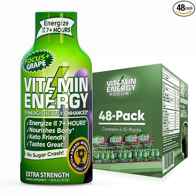 Vitamin Energy Focus+ Extra Strength Energy Shot Grape 48 Pack, 260mg Natural Caffeine, B-Vitamins, CoQ10, Amino Acids, Focus, Productivity & Clarity, Zero Sugar, Gluten-Free, 1.93 fl oz