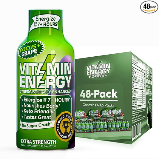 Vitamin Energy Focus+ Extra Strength Energy Shot Grape 48 Pack, 260mg Natural Caffeine, B-Vitamins, CoQ10, Amino Acids, Focus, Productivity & Clarity, Zero Sugar, Gluten-Free, 1.93 fl oz