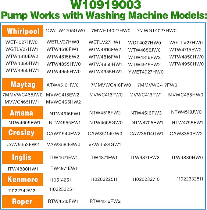 W10919003 W10775446 Washer Drain Pump Compatible With Whirlpool Kenmore Maytag Clothes Washer Washing Machine Water Drain Pump and Motor Replacement Parts for: AP6038235 4461359 PS11770076