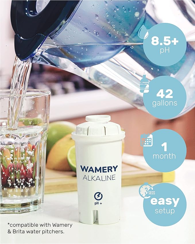 Wamery Alkaline Pitcher Water Filter Replacement for Brita Pitchers - 3 Pack, Improves pH & Taste, 42‑Gallon Each, Coconut Activated Carbon, Leak‑Free Fit, Easy Install