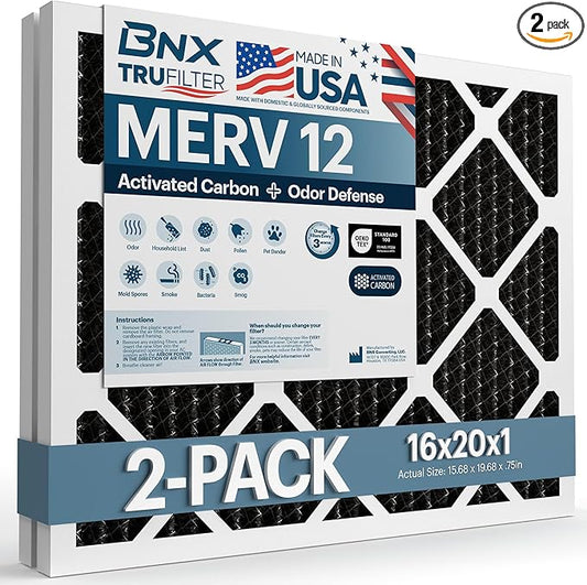 BNX TruFilter 16x20x1 MERV 12 Odor Defense (2-Pack) AC Furnace Air Filter with Activated Carbon - MADE IN USA - Pleated Air Conditioner HVAC AC Furnace Filters - Removes Odor, Mold, Bacteria, Smoke