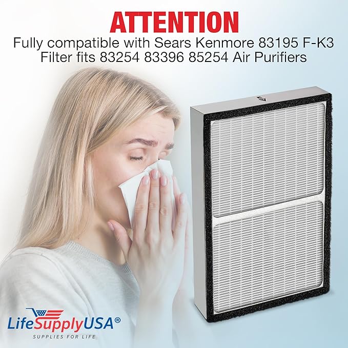 LifeSupplyUSA True HEPA Filter Replacement Compatible with Sears Kenmore 83195 F-K3 Filter fits 83254 83396 85254 Air Purifiers