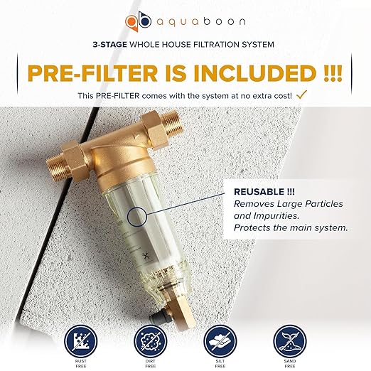 Aquaboon 3-Stage Water Filter System with Prefilter & 20x4.5 Carbon Block, Anti-Scale, KDF Whole House Filters, Pressure Gauge & Release, Wrench, Freestanding Steel Frame