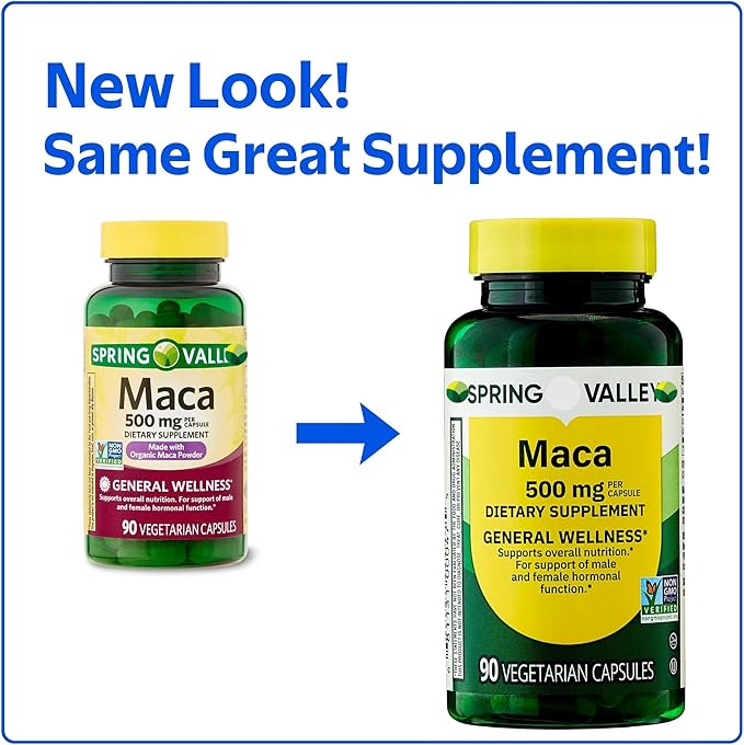 Maca Root 500 mg Capsules • General Wellness & Vitality Support • Vegetarian • 90 Count by Spring Valley + Vena’s Sticker (Pack of 1)