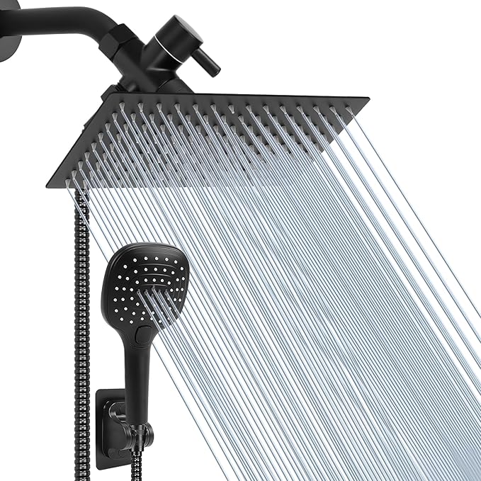 NearMoon Shower Head with Hose, High Pressure Stainless Steel Rain Shower and 3 Settings Handheld Spray Combo with Push Button Flow Control (12 Inch, Matte Black)