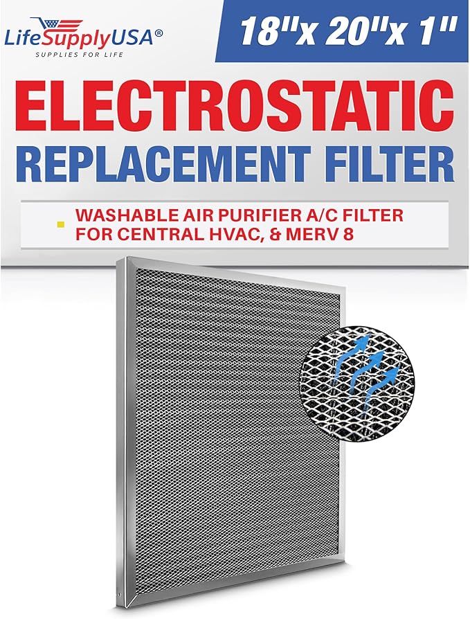 18x20x1 Electrostatic Air Filter, MERV 8, Washable, Reusable Furnace AC/HVAC Filter, Energy Saving, Easy to Clean, Long-Lasting by LifeSupplyUSA