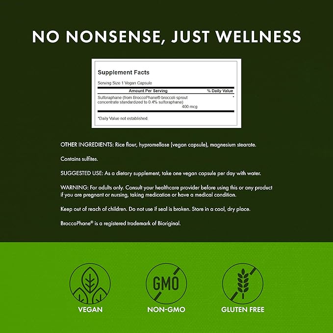 Swanson Sulforaphane - Broccoli Sprout Extract Supporting Cellular, GI Tract, and Liver Health - Natural Supplement Standardized to 0.4% Sulforaphane - (60 Veggie Capsules, 400mcg Each)