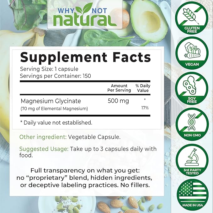 Why Not Natural Magnesium Glycinate 500 mg Capsules Supplement - Vegan, No Filler - Supports Sleep and Relaxation