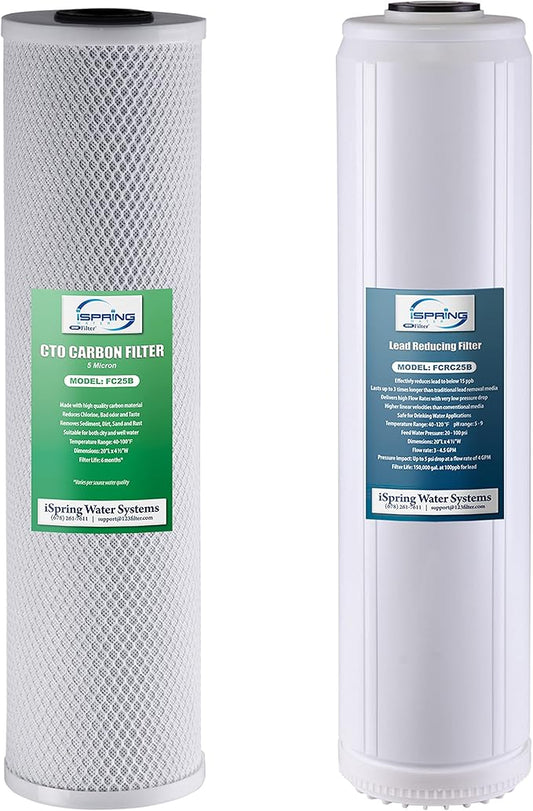 iSpring F2WGB22BPB 4.5” x 20” 2-Stage Whole House Water Filter Replacement Pack Set with Carbon Block and Lead Reducing Cartridges, Fits WGB22B-PB, white