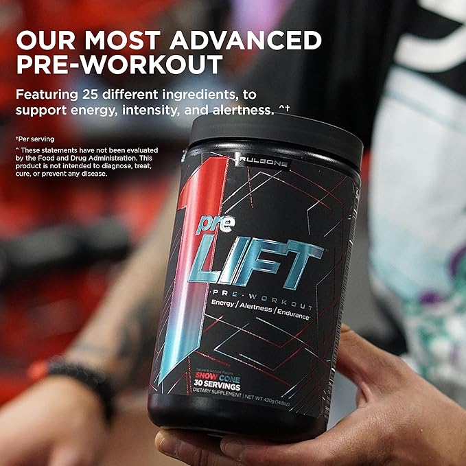 Rule 1 preLIFT Pre-Workout, 6g Citrulline, 3.2g Beta Alanine, 3 Caffeine Sources + 20 Others for Energy, Alertness, & Endurance (30 Servings, Snow Cone)