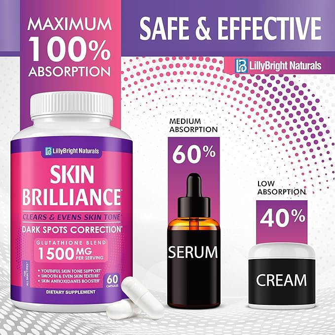 Glutathione Capsules - 1,500mcg L-Glutathione Supplement with Vitamin C - Skin Tone Enhancer - Targets Dark Spots & Acne Marks - Potent Antioxidant - 60 Skin Pills