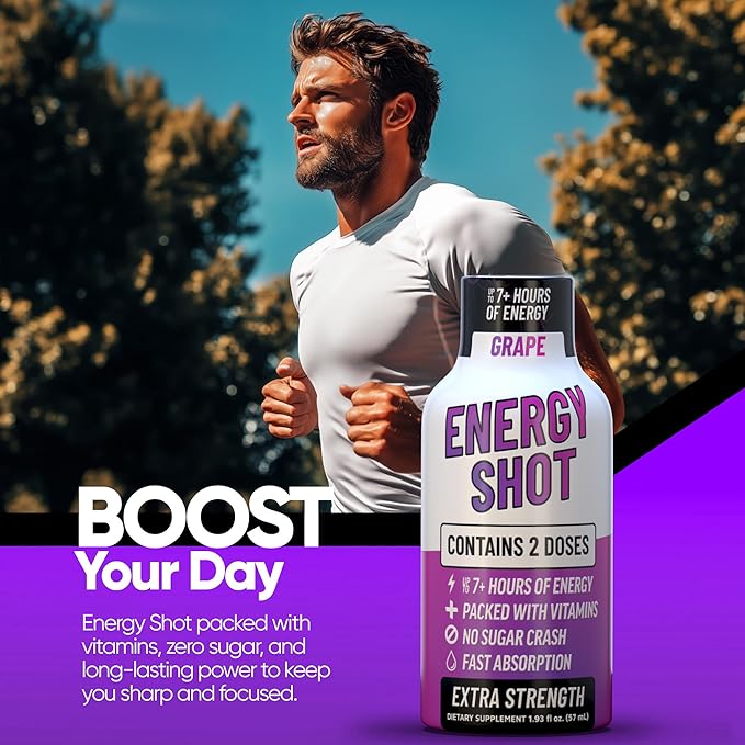 Energy Shot – 2 Servings – 100% DV B-Vitamins & 130mg Plant-Based Caffeine – Zero Calories, Sugar-Free, Vegan, Non-GMO – Energy & Productivity Support (1.93 Fl Oz (Pack of 10), Grape)