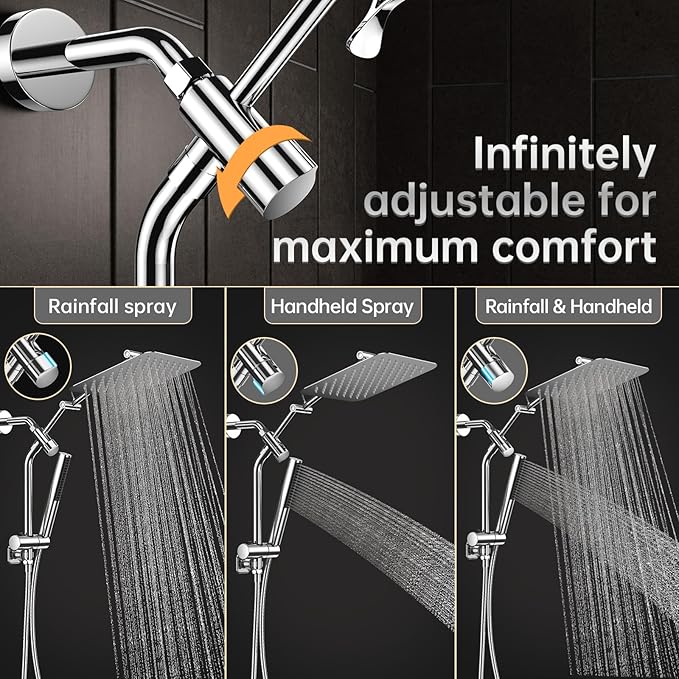 Veken 10" Luxurious All Metal Rain Shower Head with Handheld, High Pressure Rainfall Shower Heads wih Extension Arm, Wide Dual Showerhead with Spray Combo, Bathroom Accessories, Chrome, Silver