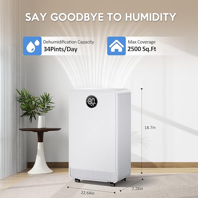 2500 Sq.Ft Dehumidifiers for Home, Dehumidifier for Basement with Drain Hose Max 34 Pints，Dehumidifier for Bedroom, Bathroom，Intelligent Humidity Control, 24H Timer, 3 Modes, Child Lock, Auto Defrost