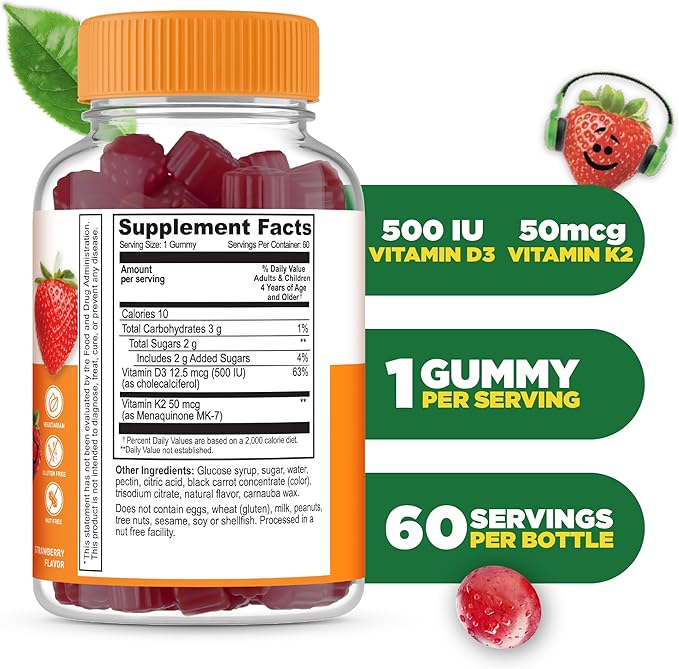 Lifeable Kids Vitamin D3 K2 Gummies | 1000iu D3 and K2 100mcg | Great Tasting D3 and K2 Supplements | for Bone Health and Immunity | VIT D3 K2 for Kids | 60 Gummies