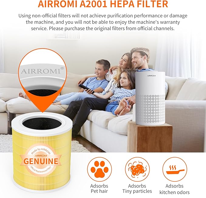 AIRROMI A2001 HEPA Air Purifier Replacement Filter: Original 3-in-1 Filter, Removes 99.97% of 0.3 Micron Particles, Yellow Activated Carbon Filter - Pets & Allergen Specific 2 Pack