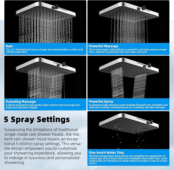 Hibbent Upgraded 5-spray 13'' Shower Head, High Pressure Rainfall Shower Head, Dual Showerhead Combo with 10-mode Handheld Spray, 12'' Adjustable Extension Arm, 71'' Hose, Showerhead Holder, Chrome