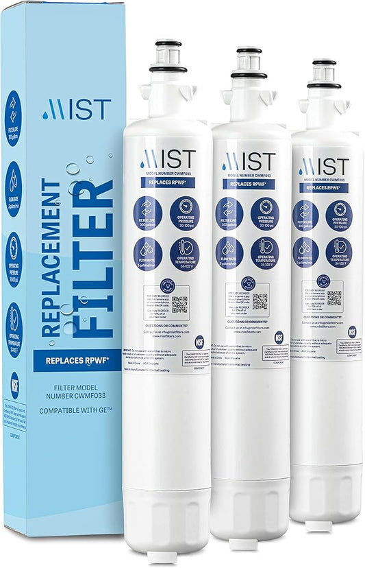 Mist RPWF Water Filter Replacement for GE RPWF (Not RPWFE), Refrigerator Water Filter compatible with RWF1063, RWF3600A, WSG-4, DWF-36, R-3600, MPF15350, OPFG3-RF300, BCF77, GE (3 Pack)