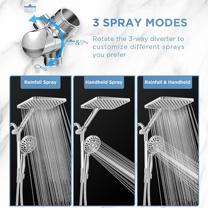 Dual Handheld Shower Head Combo, 2-in-1 Rain Shower Heads System Wide Rainfall Shower Head and 10 Modes High Pressure Hand Held Showerhead with Built-in Power Wash - Chrome