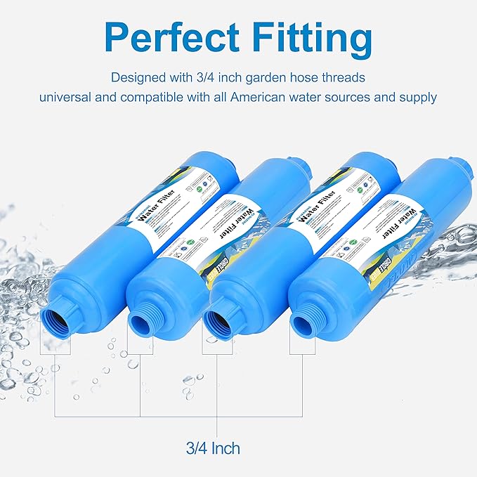 RV Inline Water Filter, NSF Certified, 20 Microns Camper Water Filter, Reduces Bad Taste, Odors, Chlorine, Sands, Ideal for RV, Garden, Pets and Marine, 4 Pack