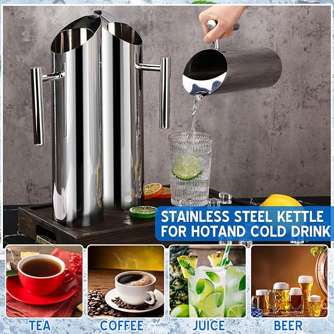 3 Pack Stainless Steel Water Pitcher 67oz/2L Modern Metal Pitcher with Ice Guard Silver Carafe Drink with Handle or Iced Hot Drink Tea Juice Coffee Beer