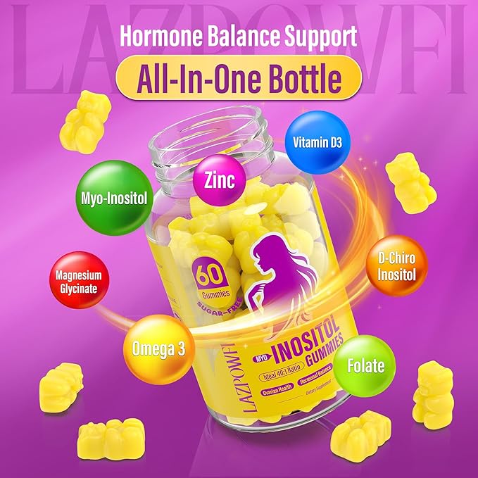 Myo-Inositol & D-Chiro Inositol,Inositol Gummies with Vitamin D3, Magnesium Glycinate, Omega-3, Folate & Zinc, Inositol Supplement Menstrual Cycle for Women-40:1 Ratio-90 Day Supply