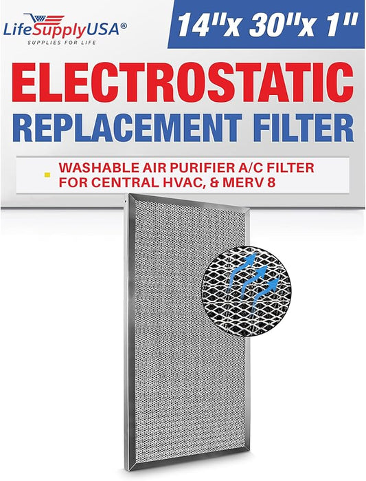 14x30x1 Electrostatic Air Filter, MERV 8, Washable, Reusable Furnace AC/HVAC Filter, Energy Saving, Easy to Clean, Long-Lasting by LifeSupplyUSA