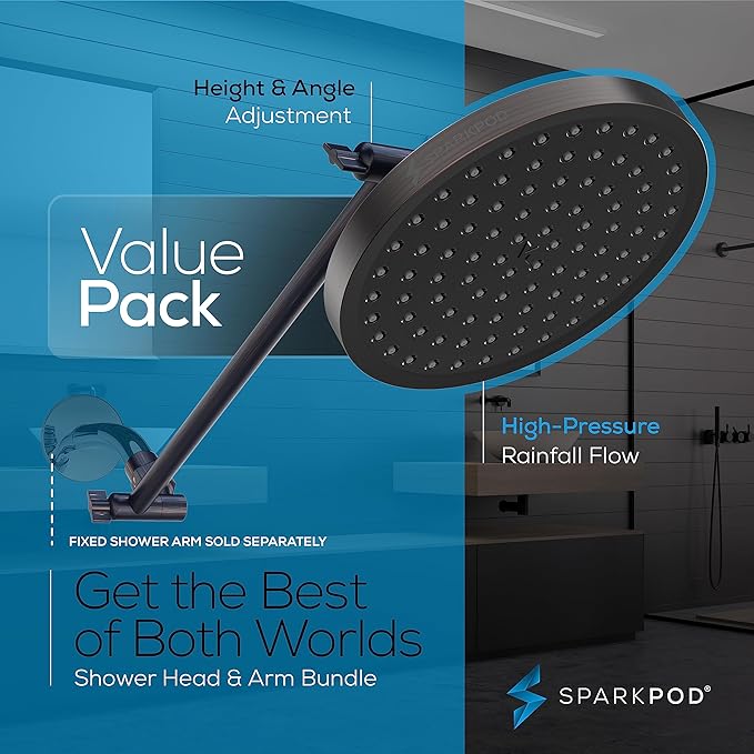 SparkPod Round Rain Shower Head with Extension Arm - Height Adjustable Shower Head with High Pressure Performance - Easy 1-Minute Installation (16" Arm Extension, Vintage Oil-Rubbed Bronze)