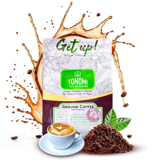 Tonomi Get Up! Medium Roast Ground Coffee - All Natural Blend with Hint of Vanilla, Chocolate & Caramel - Coarse Grounds for Cold Brew or Traditional Brewing - Caffeine Packed, 32oz