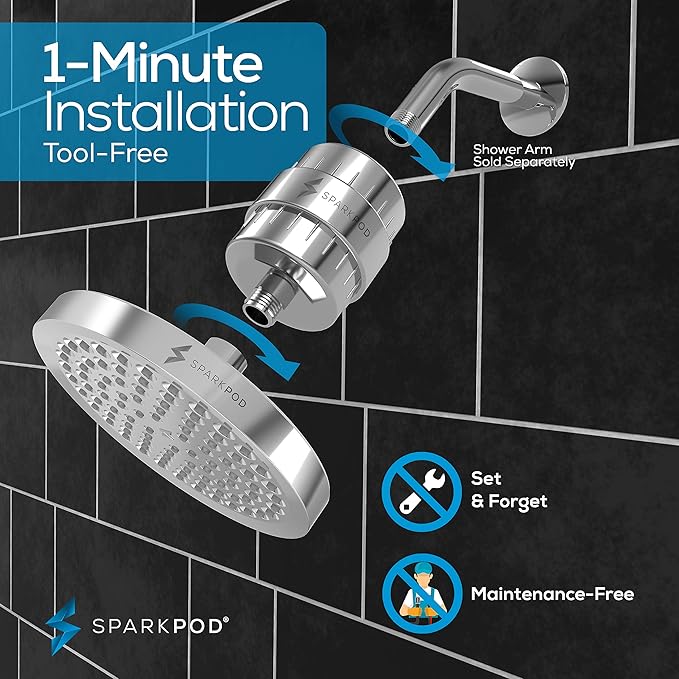 SparkPod Luxury Filtered Shower Head Set 23 Stage Shower Filter - Reduces Chlorine and Heavy Metals - High Pressure Showerhead Filter (6" Round, Luxury Polished Chrome)