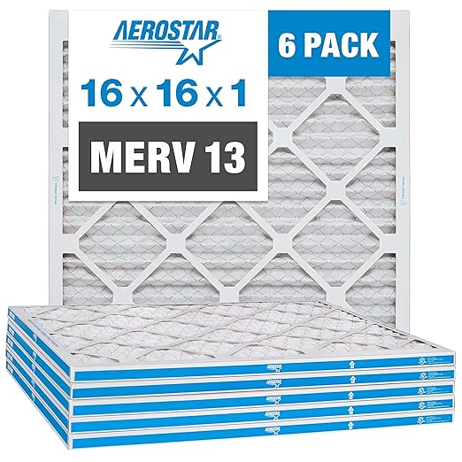Aerostar 16x16x1 MERV 13 - 6 Count - Pleated HVAC, Furnace & Air Conditioner Filters - Removes Bacteria, Dust, Cold & Flu Germs, Lint, Mold, Pet Dander, Allergy-Causing Pollen, Smog, Smoke & Viruses