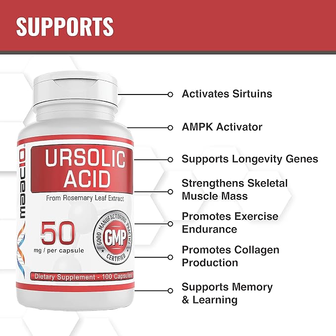 MAAC10 Ursolic Acid 50mg (100 Capsules 3X for 150mg 33-Day Serving) | Sourced from Rosemary Extract | Third-Party Lab Tested | AMPK & Sirtuin Activator
