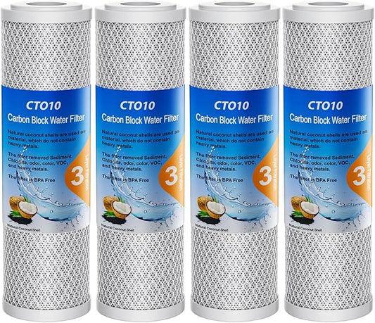 1 Micron 2.5" x 10" Whole House CTO Carbon Sediment Water Filter Cartridge Compatible with DuPont WFPFC8002, WFPFC9001, SCWH-5, WHCF-WHWC, FXWTC, CBC-10, RO Unit, Pack of 4
