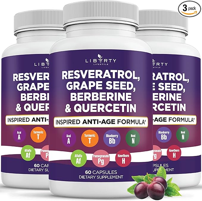 Resveratrol, Berberine, Grape Seed Extract, Quercetin, Polyphenol Supplement for Women and Men with Noni Extract, N-Acetyl Cysteine, Acai Extract (180 Count)
