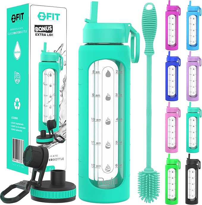 FIT Strong & Healthy 32 oz Glass Water Bottle with Straw Lid, Time Marker, Sleeve & Extra Lid - Motivational, Wide Mouth 1 Liter Glass Drinking Bottle