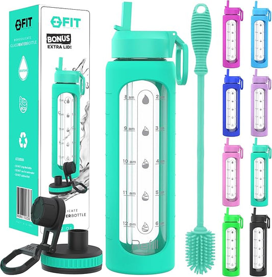 FIT Strong & Healthy 32 oz Glass Water Bottle with Straw Lid, Time Marker, Sleeve & Extra Lid - Motivational, Wide Mouth 1 Liter Glass Drinking Bottle