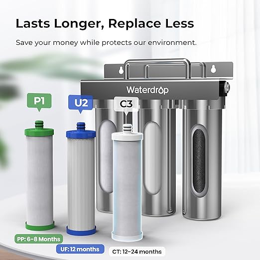 Waterdrop TST-UF-B 0.01 Micron Ultra-Filtration Under Sink Water Filter, 3-Stage Stainless Steel Under Sink Water Filtration System with Dedicated Faucet, 3 Filter Included (Drilling Required)