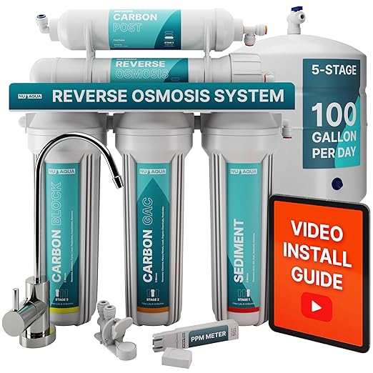 NU Aqua 5-Stage Under Sink Reverse Osmosis Water Filter System - 100 GPD RO Filtration w/Faucet & Tank - PPM Meter - 100GPD Undersink - Home & Kitchen Drinking Water Purifier