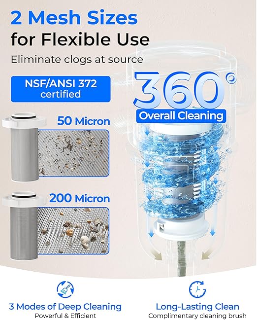 Waterdrop Spin Down Sediment Filter, 50/200 Micron Reusable Whole House Water Filter Sediment System, Flushable Pre-Filter System for City/Well Water,1" MNPT + 3/4" FNPT