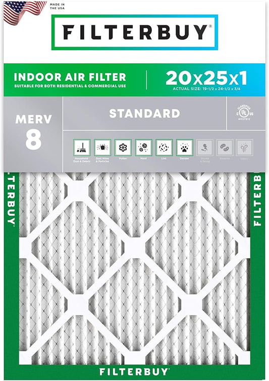 Filterbuy 20x25x1 Air Filter MERV 8 (MPR 700) Dust Defense Replacement (1-Pack), Electrostatic Pleated HVAC AC Furnace Filters, Made in USA (Actual Size: 19.50 x 24.50 x 0.75)