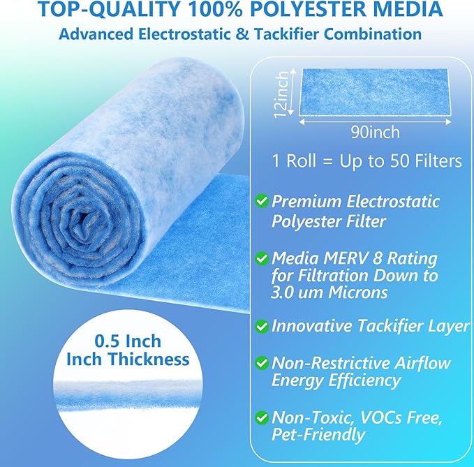 12x90 Inch Cut to Fit Air Filter Roll - MERV 8 Up to 50 Filters Cut to Size Air Filter Material Roll