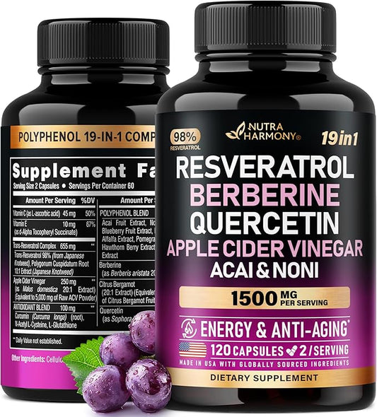 Resveratrol Supplement - 19-in-1 Organic Polyphenol Complex - Noni Extract | Berberine | Quercetin | Apple Cider Vinegar | Acai - Made in USA - Antioxidant & Heart Health Support - 120 Capsules