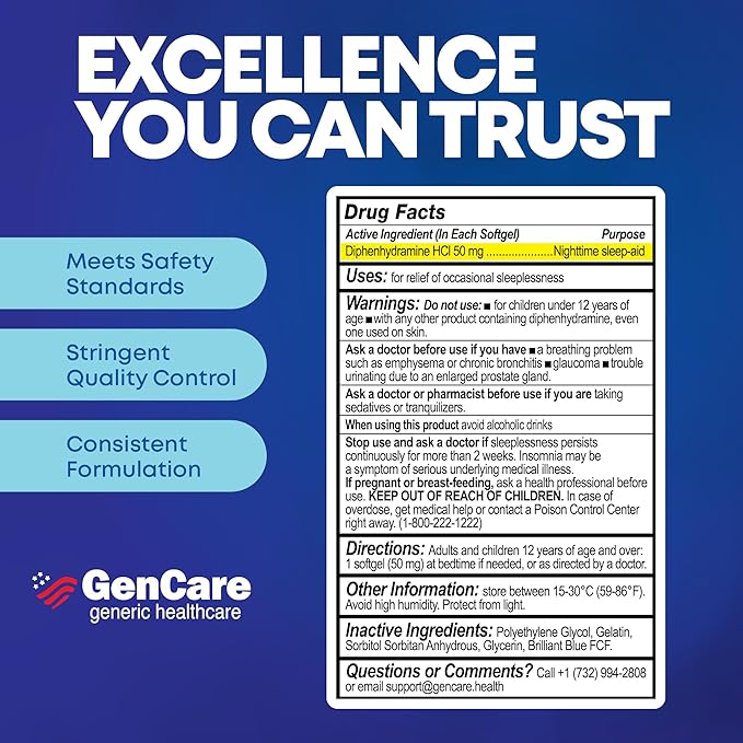 GenCare Maximum Strength Nighttime Sleep Aid Supplement for Adults Deep Sleep Pills with Diphenhydramine HCl 50mg to Fall Asleep Faster- Strong Non-Habit Forming PM Sleeping Relief [96 Softgels]