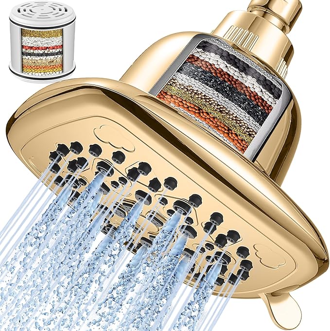 Cobbe Filtered Shower Head, 7 Modes High Pressure Shower Heads - 16 Stage Shower Head Filter for Hard Water for Remove Chlorine and Harmful Substances (Egyptian Gold, 6 Inch Square)