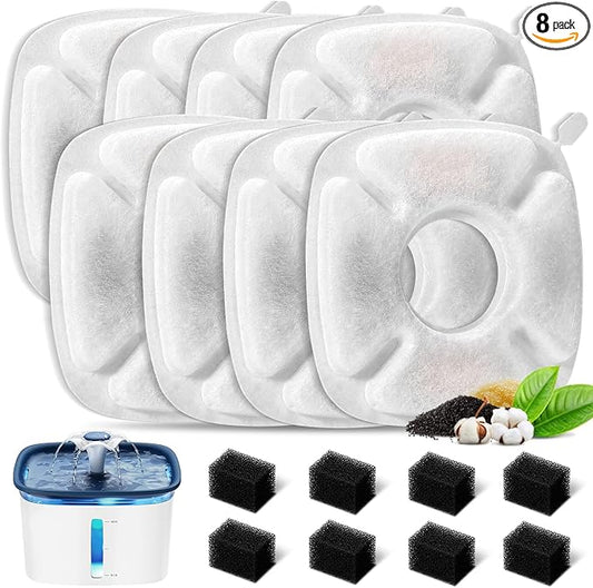 16 Pcs Cat Fountain Replacement Filters：8 Pack Cat Water Fountain Replacement Filters & 8 Pack Pre-Filter Sponges, Pet Fountain Filter Fit for 95oz/2.8L Automatic Pet Fountain Cat Water Fountain